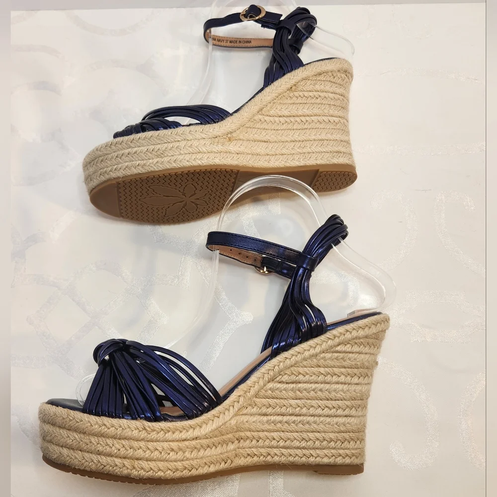 Patrizia by Spring Step Blue Metallic Strappy Woven Wedge Sandal Sz 6.5/7